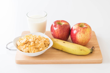 milk, apple, banana and cornflakes