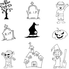 Halloween characters mummy witch zombie doodle