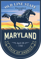 Мэриленд штат Америки, стилизованная эмблема, Чистокровная верховая на восходе на синем фоне