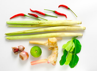 Thai spices ingredient lemongrass,lemon,Kaffir lime leaf,shallot,chilli on white background