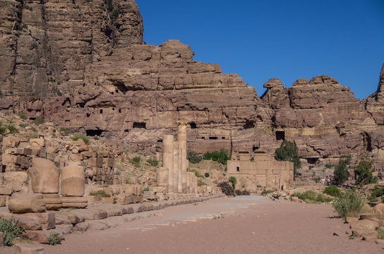 The Hadrian Gate and the Cardo Maximus in Petra. Qasr al-Bint at background. Petra, Jordan