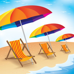 Summer Beach Holiday. Seashore with Beach Umbrella and Chair. Summer Background of Beach Holiday.