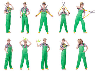 Fototapeta premium Collage of young woman with shears on white