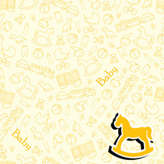 Baby background for baby. Yellow background for baby with toys and facilities for the newborn.