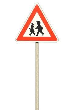 Warning sign indicating children going across the road from school. Isolated on white background.