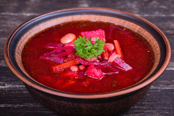Ukrainian and russian national food - red beet soup, borscht