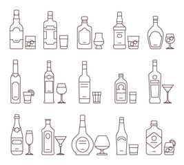 Alcohol drink beverages outline icons, bottles and glasses thin line symbols. Beverage alcohol bottle and glass, illustration set of beverage