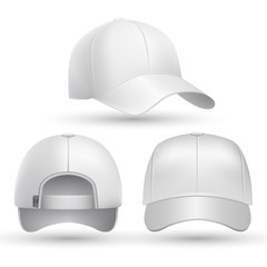 Realistic baseball cap front, side, back views set. Fashion cap baseball for sport, mockup of white cap. Stock vector illustration