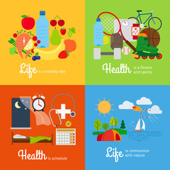 Healthy food and sports activity, healthy schedule and outdoor exercises. Healthy lifestyle elements. Vector illustration