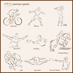 Set of a vector Illustration shows a Summer Sports. Cycle track, Discus, Golf, Gymnastics, Ping-pong, Horseback riding, judo, Sport pistol shooting