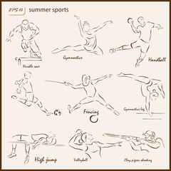 Set of a vector Illustration shows a Summer Sports. Hurdle race, Gymnastics, Handball, Soccer, Fencing, Gymnastics log, High jump, Volleyball, Clay pigeon shooting