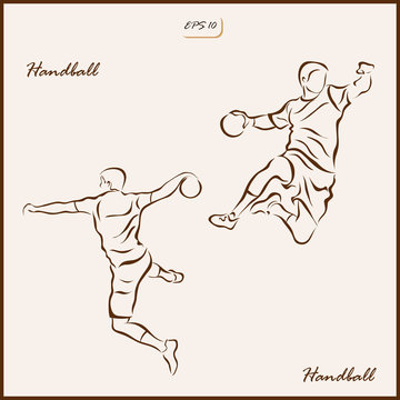 Set of a vector Illustration shows a player throws a ball in a jump. Handball