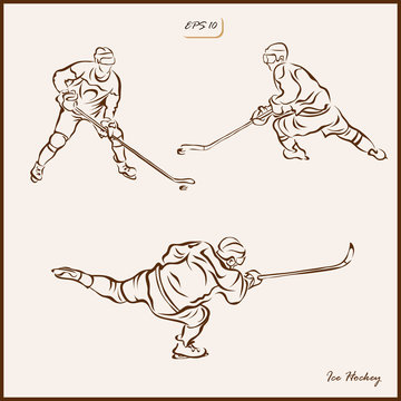 Set of a vector Illustration shows a hockey player in attack. Ice Hockey