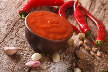 Spicy Thai Sriracha sauce with ingredients close-up. Horizontal
