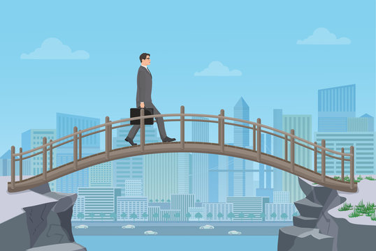 Businessman going on a bridge from mountain cliff on the modern city background.