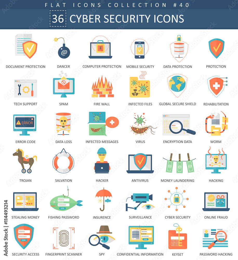 Aufkleber vector cyber security flat icon set. elegant style design.