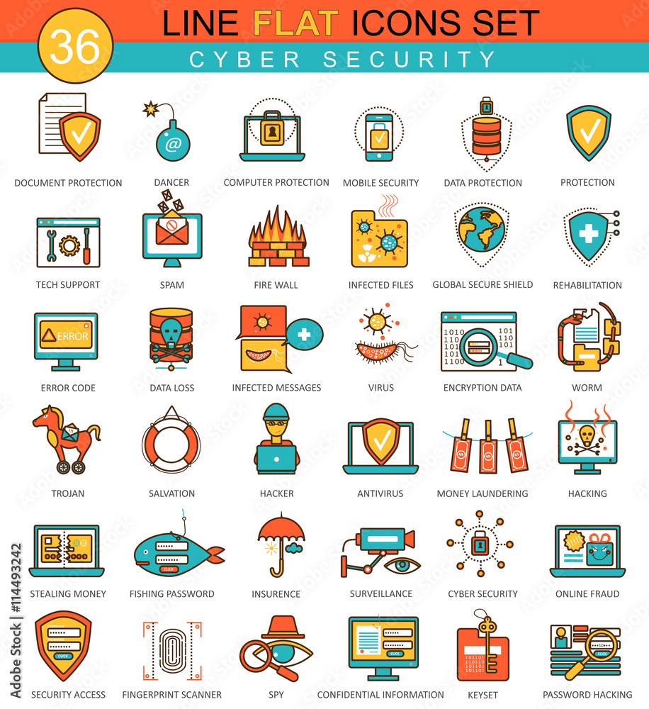 Aufkleber vector cyber security flat line icon set. modern elegant style design for web.