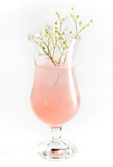 Pink cocktail in a glass with black elder isolated on a white background