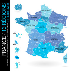 Carte de France 13 régions + départements (numéros et noms) et outre-mer / un tracé autonome par zone