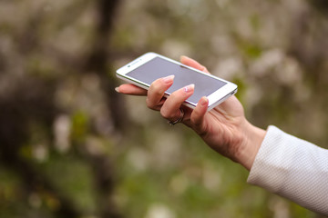woman holds a smartphone telephone over blossoming spring tree background, soft focus, close up