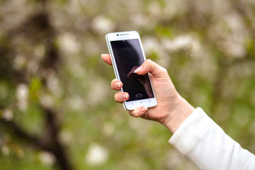 woman holds a smartphone telephone over blossoming spring tree background, soft focus, close up