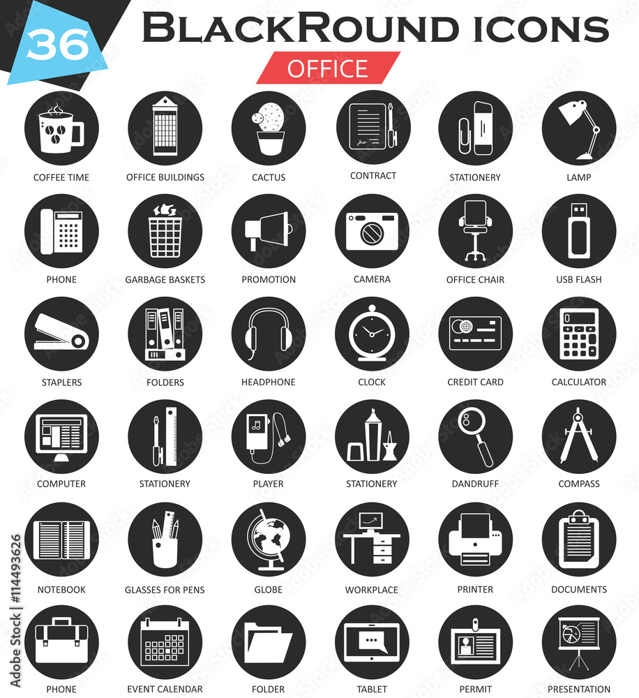 Poster vector office circle white black icon set. ultra modern icon design for web.