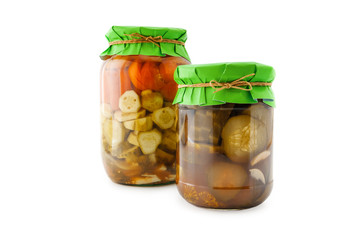 Homemade pickled tomatoes and cucumbers
