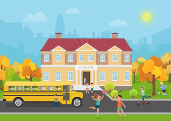 Obraz na płótnie Canvas School building with children in yard and yellow bus front. School and education vector illustration.