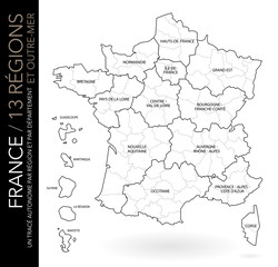 Carte de France 13 régions (nouveaux noms (2016) + départements et outre-mer / un tracé autonome par zone