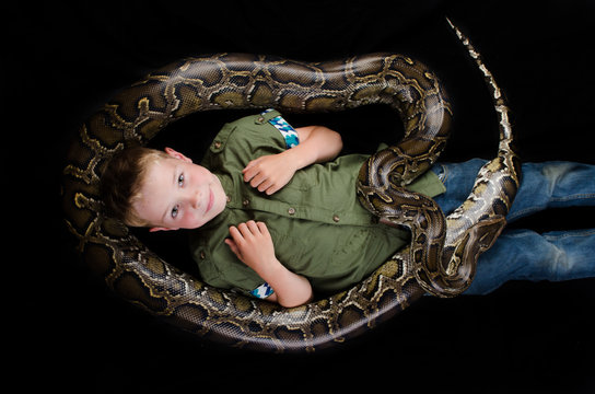 Adorable Young  Boy Holding pet Python Over Black Background