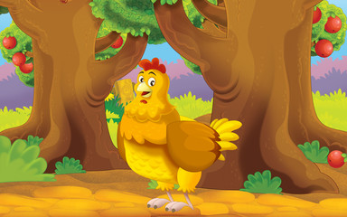 Obraz na płótnie Canvas Cartoon farm scene with animal - hen - illustration for children