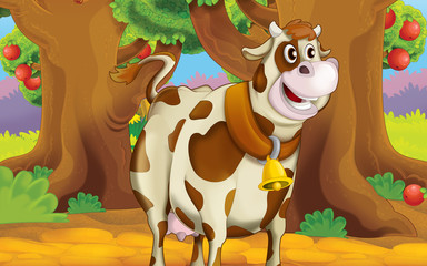 Cartoon farm scene with animal - cow - illustration for children