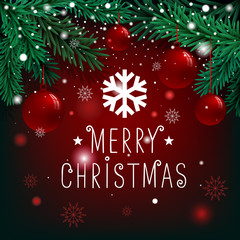 Merry Christmas lettering on background with fir branches and balls.