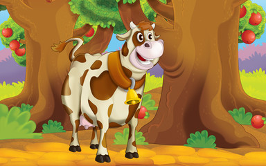 Cartoon farm scene with animal - cow - illustration for children