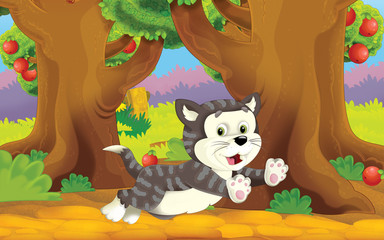 Cartoon farm scene with animal - cat - illustration for children