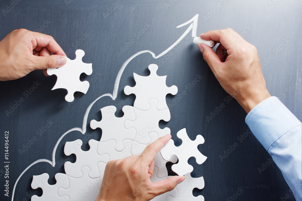 Poster Working on steps shaped jigsaw puzzle. Drawing up arrow on black. Concept image of making growth strategy. 

