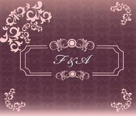 Vintage card with floral damask ornament pattern. Place for text. Orchid color. Vector