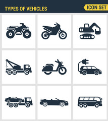 Icons set premium quality of types of vehicles traffic car transport auto icon set. Modern pictogram collection flat design style symbol collection. Isolated white background.