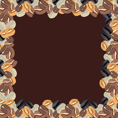 Coffee beans frame border design on brown background.