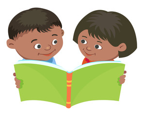 Cartoon kids reading book vector Mexican, half-breed,