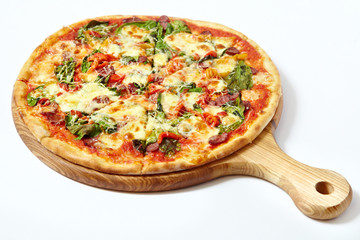 Pizza with sausages isolated on white