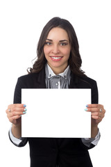 Naklejka premium Happy business women with blank board