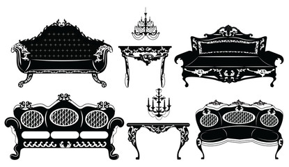 Classic Baroque furniture set. Vector sketch furniture with luxury ornaments