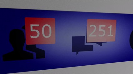 Social media notifications and requests number counters increasing on lcd screen. Close up, pan shot, motion graphics animation
