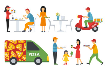 People in a Pizzeria Bistro interior flat icons set. Pizza concept web vector illustration. 