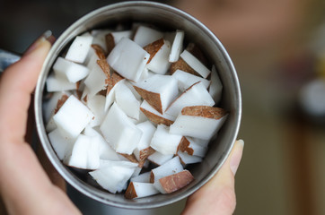 Coconut cubes in a bowl