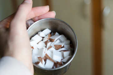 Coconut cubes in a bowl