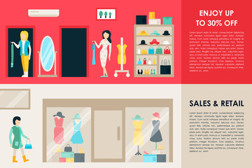 Shopping Center and Boutique Rooms flat shop interior concept web. Fashion Clothes Customers Mall Retail Purchase