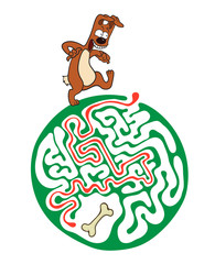 Maze puzzle for kids with dog and bone. Labyrinth illustration, solution included.