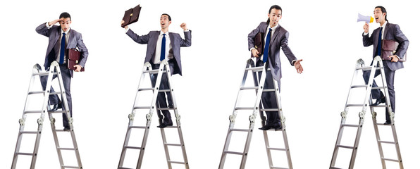 Businessman climbing the ladder isolated on white